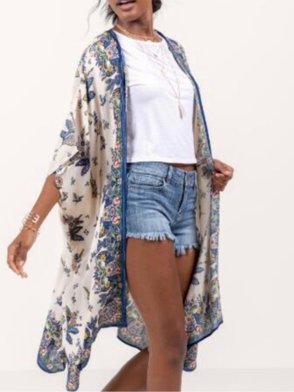 Angie Cream Floral Kimono with Blue Trim Accent